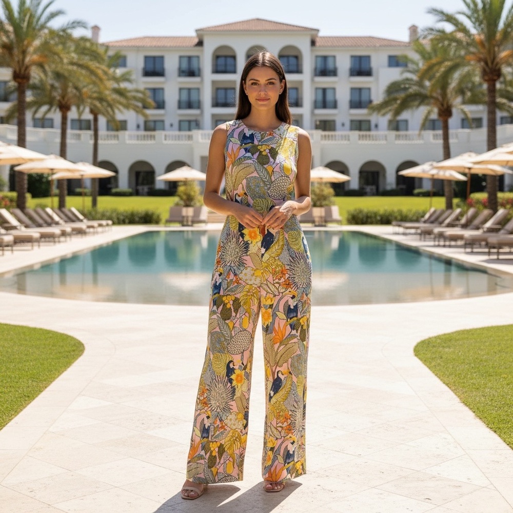 J. McLaughlin Rebekka Tropical Toucan Floral Wide LegJumpsuit Sleeveless Sz M